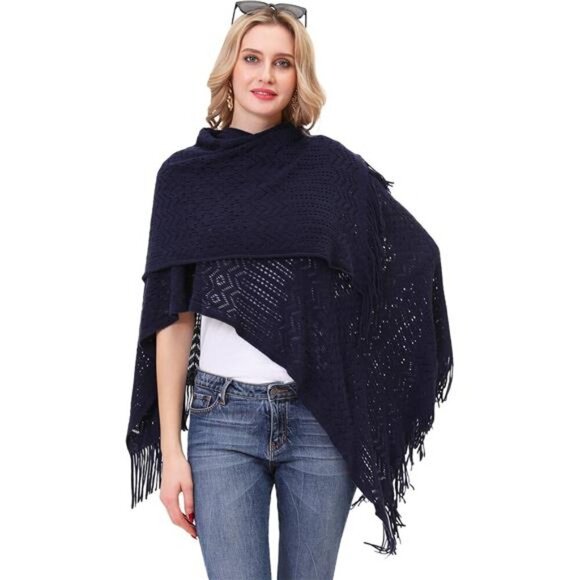 Knit Shawl Wrap - Fringe Poncho Cardigan Cape Navy Blue - Picture 1 of 7